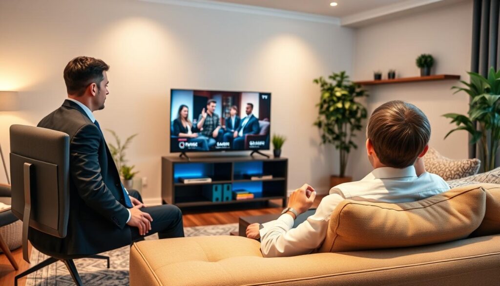 Generate an image of a person streaming their favorite TV show using Perfect IPTV on a smart TV. Generate an image of a person streaming their favorite TV show using Perfect IPTV on a smart TV.