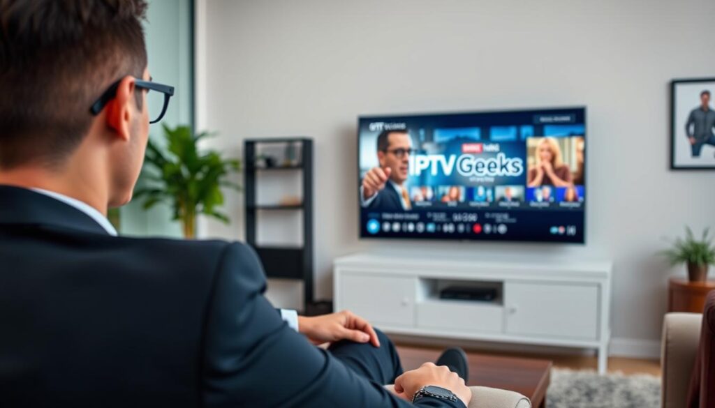 Generate an image of a person streaming their favorite movie on a smart TV using IPTV Geeks. Generate an image of a person streaming their favorite movie on a smart TV using IPTV Geeks.