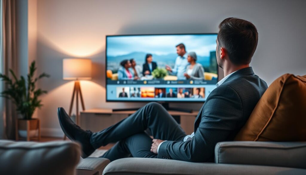 Generate an image of a person streaming their favorite show on a Smart TV using IPTV Trends. Generate an image of a person streaming their favorite show on a Smart TV using IPTV Trends.