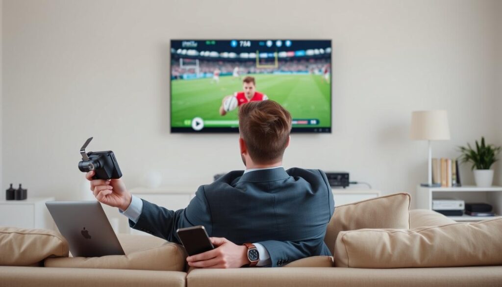 Generate an image of a person streaming their favorite sports channel on multiple devices. Generate an image of a person streaming their favorite sports channel on multiple devices.
