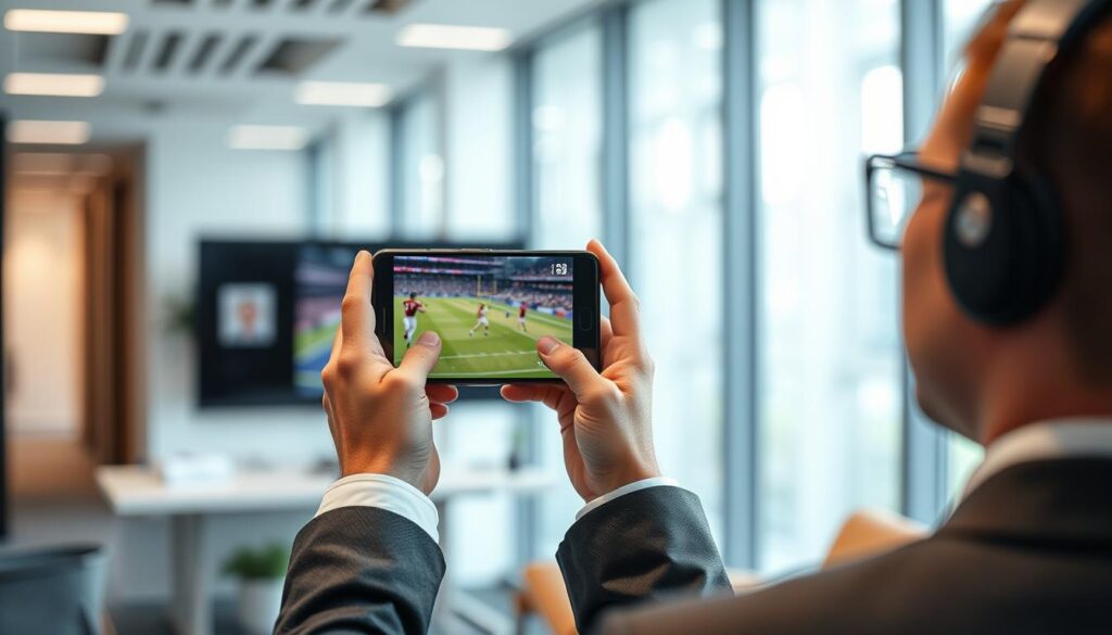 Generate an image of a person using IPTV Gear on their mobile device to watch a sports event. Generate an image of a person using IPTV Gear on their mobile device to watch a sports event.