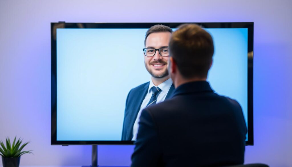 Generate an image of a person using Tellystudio on a smart TV. Generate an image of a person using Tellystudio on a smart TV.