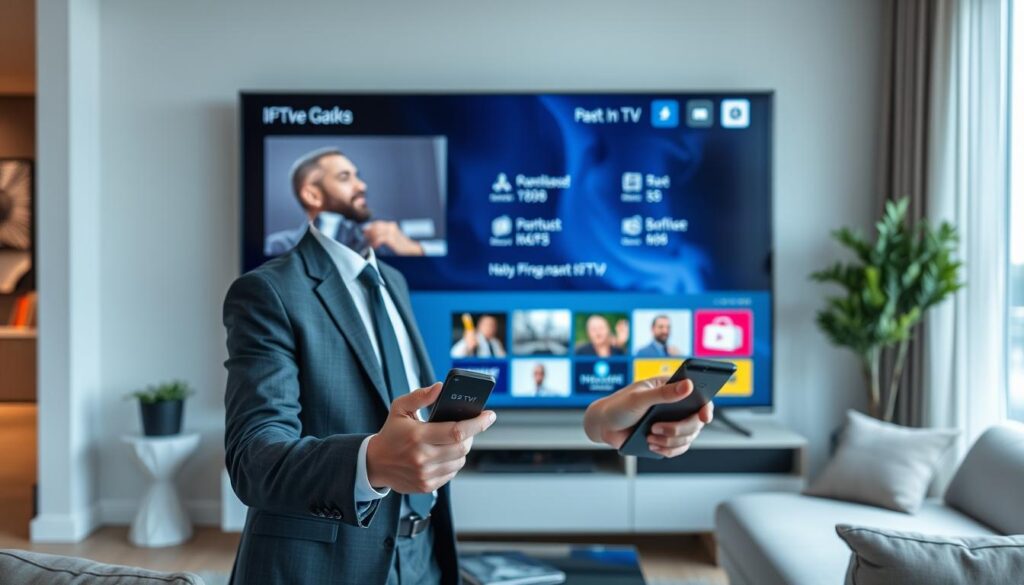 Generate an image of a person using a remote control to navigate through an IPTV interface on a large screen TV. Generate an image of a person using a remote control to navigate through an IPTV interface on a large screen TV.