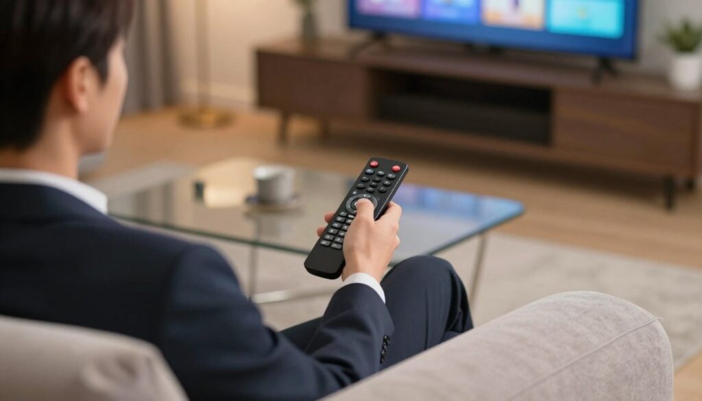 Generate an image of a person using a remote control to navigate through channels Generate an image of a person using a remote control to navigate through channels