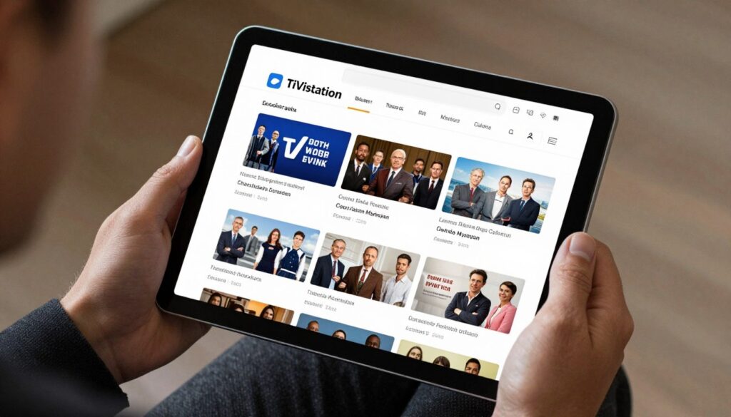 Generate an image of a person using a tablet with the TiVistation app open, showing a variety of TV shows. Generate an image of a person using a tablet with the TiVistation app open, showing a variety of TV shows.