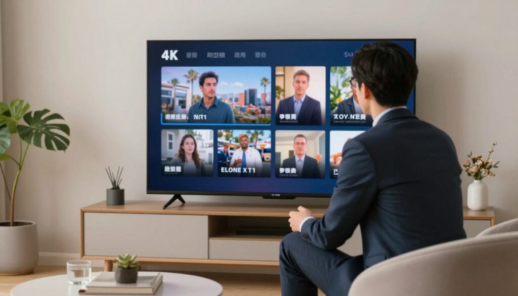 Generate an image of a person watching 4K content on a large screen TV Generate an image of a person watching 4K content on a large screen TV