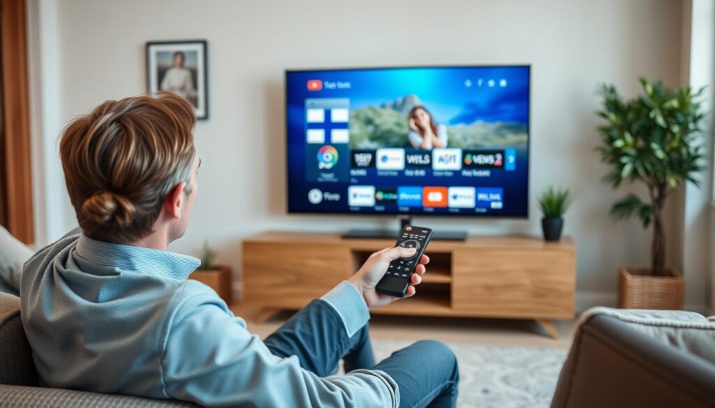 Generate an image of a person watching Finnish TV channels on a smart TV with a remote control in hand. Generate an image of a person watching Finnish TV channels on a smart TV with a remote control in hand.