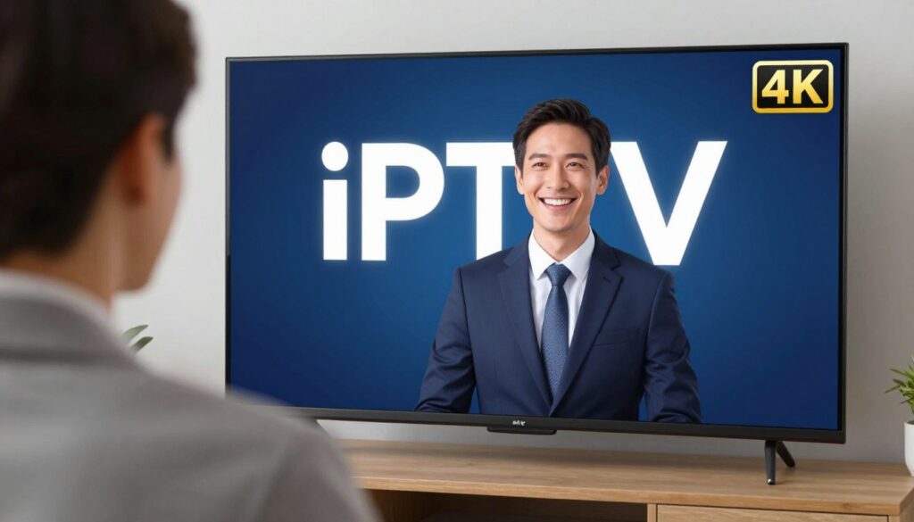 Generate an image of a person watching IPTV Max TV on a 4K TV with a satisfied expression. Generate an image of a person watching IPTV Max TV on a 4K TV with a satisfied expression.