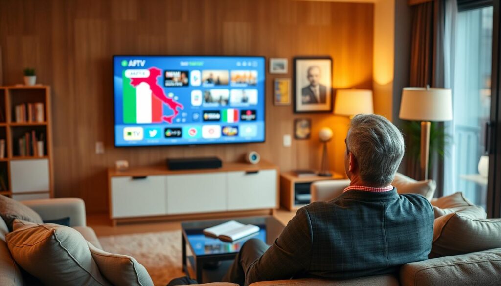 Generate an image of a person watching Italian TV channels on a Smart TV via IPTV service. Generate an image of a person watching Italian TV channels on a Smart TV via IPTV service.