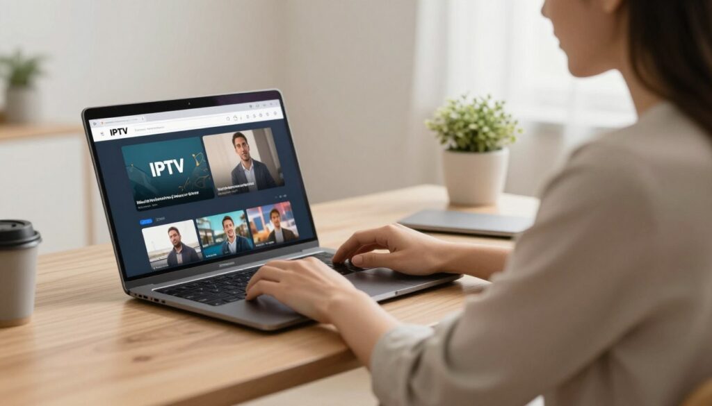 Generate an image of a person watching TV on a laptop using a web-based IPTV player. Generate an image of a person watching TV on a laptop using a web-based IPTV player.