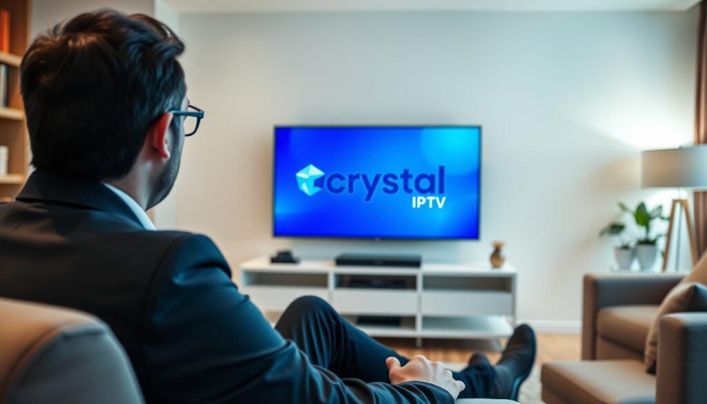 Generate an image of a person watching TV with a Crystal IPTV logo on the screen Generate an image of a person watching TV with a Crystal IPTV logo on the screen