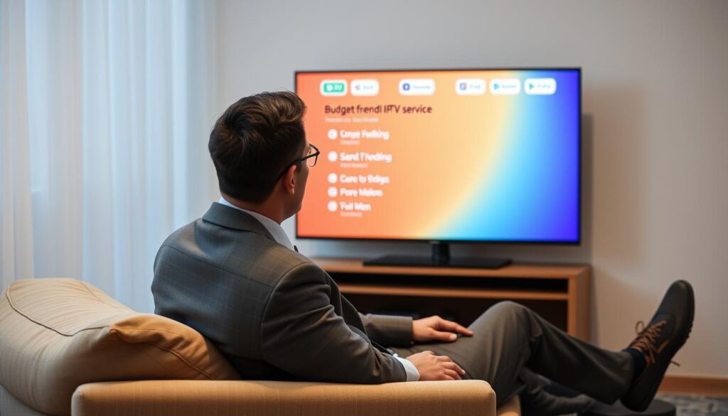 Generate an image of a person watching TV with a budget-friendly IPTV service interface on the screen Generate an image of a person watching TV with a budget-friendly IPTV service interface on the screen