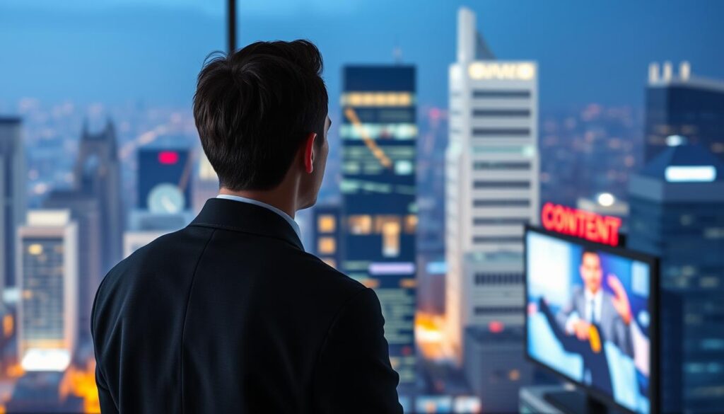 Generate an image of a person watching TV with a cityscape in the background, symbolizing global content access. Generate an image of a person watching TV with a cityscape in the background, symbolizing global content access.