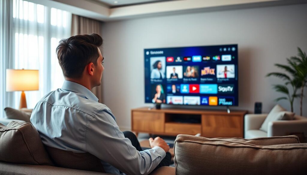 Generate an image of a person watching TV with a satisfied expression, surrounded by on-demand content options. Generate an image of a person watching TV with a satisfied expression, surrounded by on-demand content options.