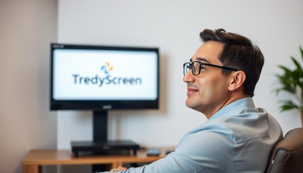 Generate an image of a person watching TV with a satisfied expression, with a TrendyScreen logo on the screen. Generate an image of a person watching TV with a satisfied expression, with a TrendyScreen logo on the screen.