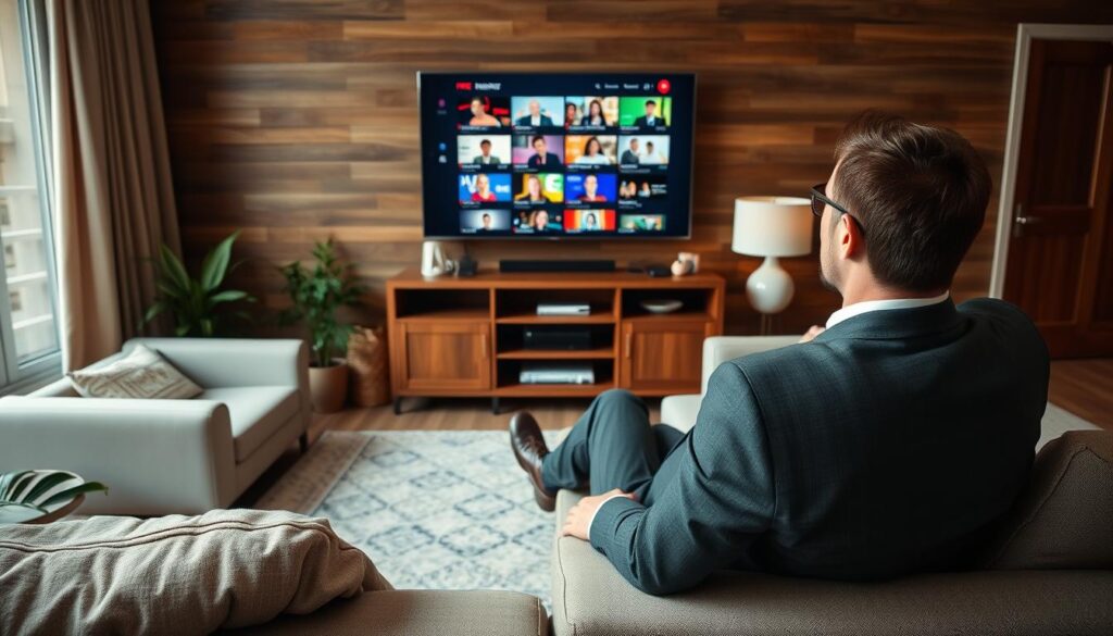 Generate an image of a person watching TV with a variety of channels on the screen. Generate an image of a person watching TV with a variety of channels on the screen.