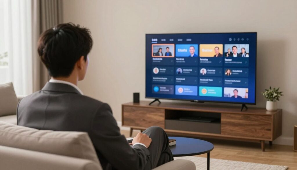Generate an image of a person watching TV with a vast channel list on the screen Generate an image of a person watching TV with a vast channel list on the screen