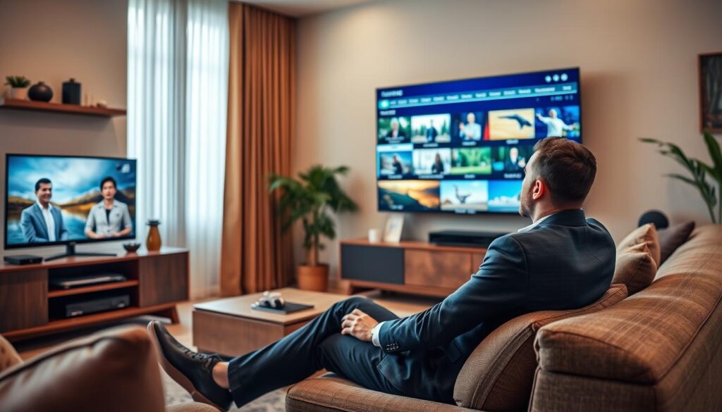 Generate an image of a person watching TV with multiple channels on the screen. Generate an image of a person watching TV with multiple channels on the screen.