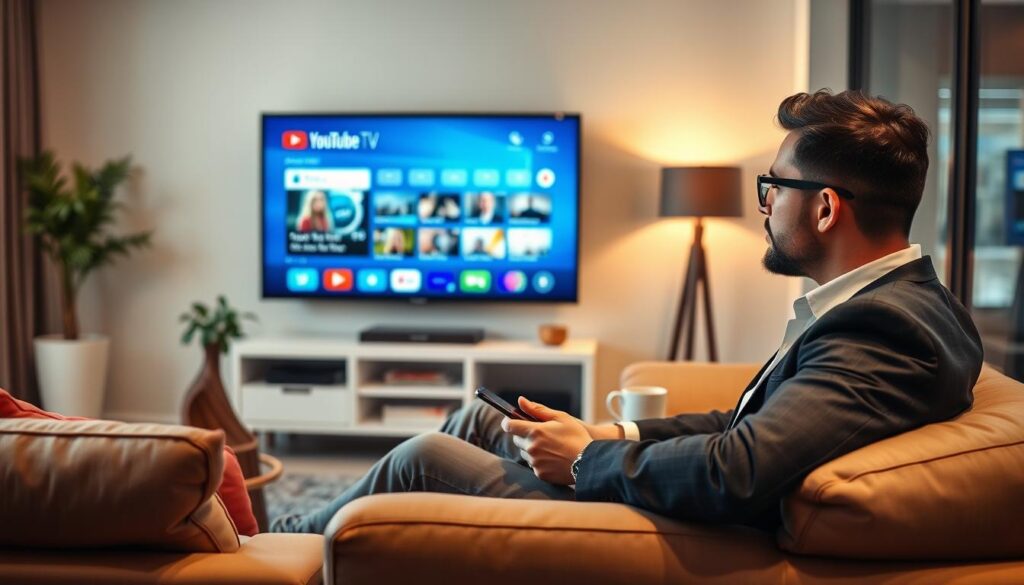 Generate an image of a person watching YouTube TV on a smart TV. Generate an image of a person watching YouTube TV on a smart TV.