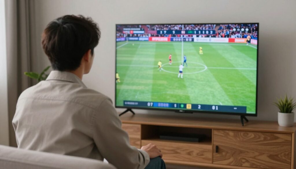 Generate an image of a person watching a live sports event on their smart TV using TiVistation. Generate an image of a person watching a live sports event on their smart TV using TiVistation.