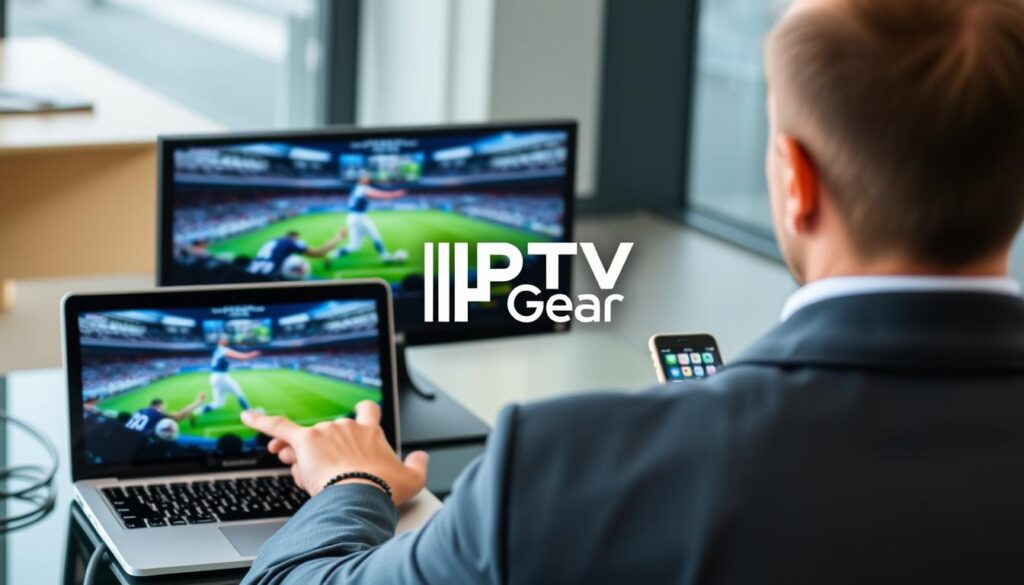 Generate an image of a person watching a sports event on multiple devices simultaneously with the IPTV Gear logo. Generate an image of a person watching a sports event on multiple devices simultaneously with the IPTV Gear logo.