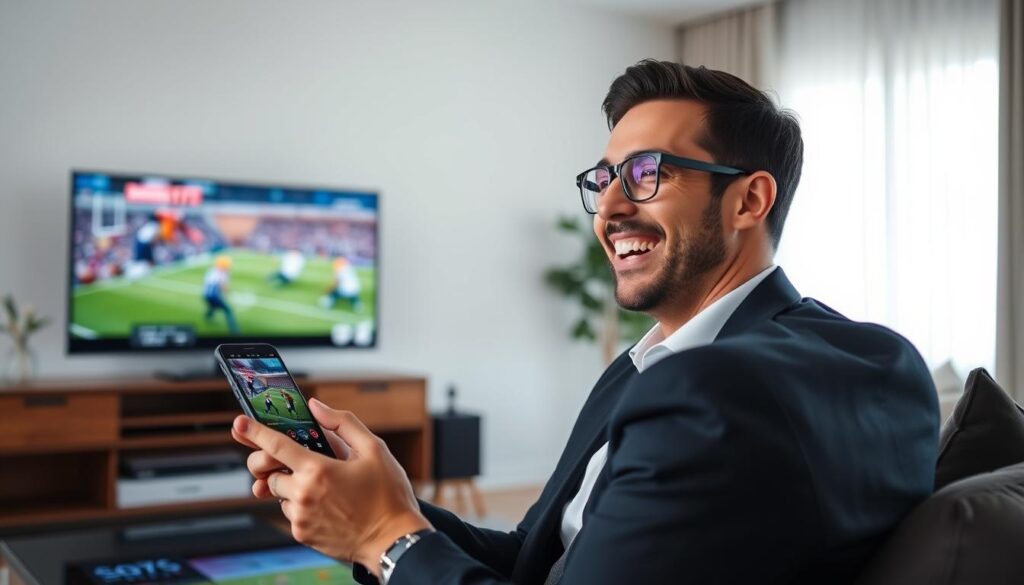 Generate an image of a person watching sports on Bunnystream IPTV on their mobile device. Generate an image of a person watching sports on Bunnystream IPTV on their mobile device.