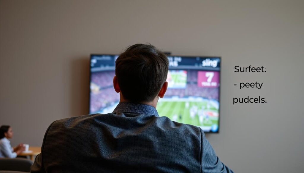 Generate an image of a person watching sports on Sling TV with a budget-friendly tag. Generate an image of a person watching sports on Sling TV with a budget-friendly tag.