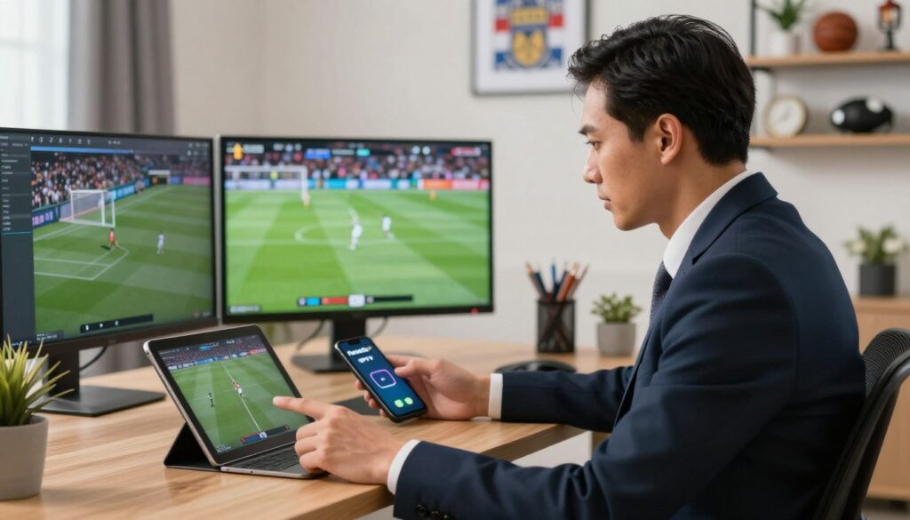 Generate an image of a person watching sports on multiple devices with ReflexSat IPTV Generate an image of a person watching sports on multiple devices with ReflexSat IPTV