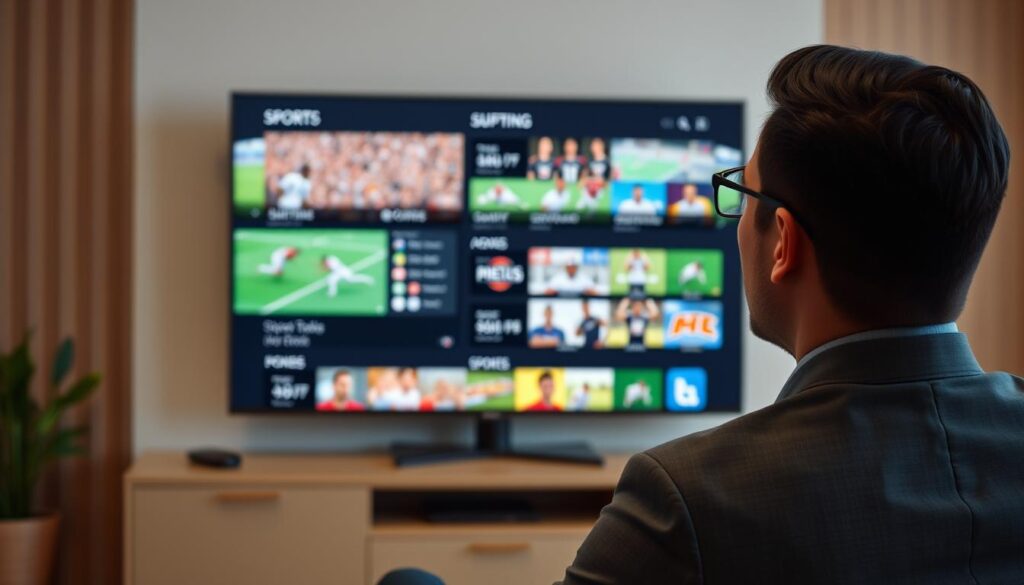Generate an image of a person watching sports on their TV with multiple channels displayed. Generate an image of a person watching sports on their TV with multiple channels displayed.
