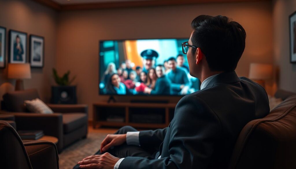 Generate an image of a person watching their favorite movie on a large screen TV with a cozy home theater setup. Generate an image of a person watching their favorite movie on a large screen TV with a cozy home theater setup.