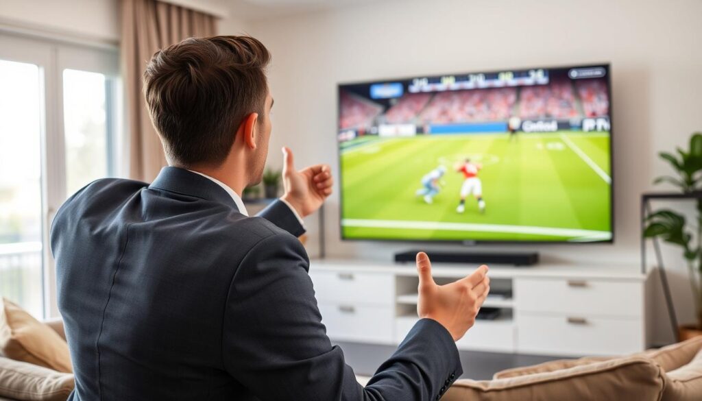 Generate an image of a person watching their favorite sports team on DirecTV Stream. Generate an image of a person watching their favorite sports team on DirecTV Stream.