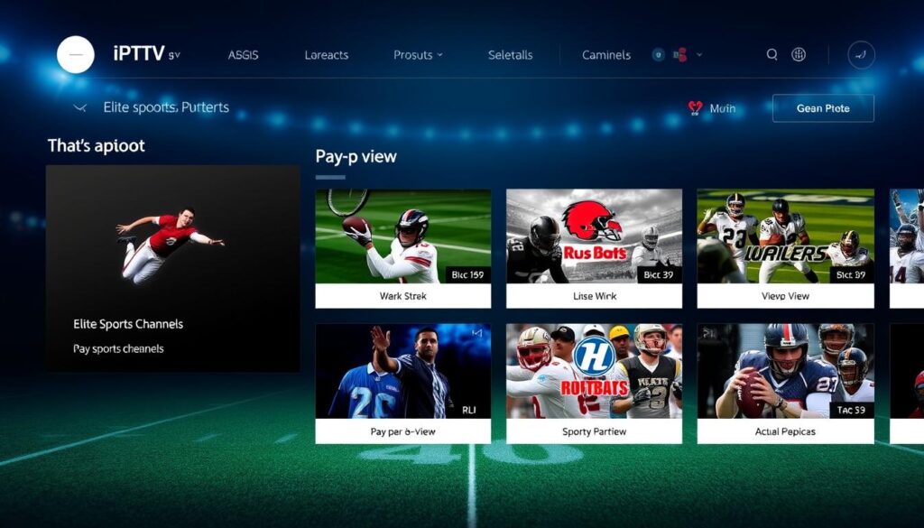 Generate an image of a premium IPTV interface showcasing elite sports and pay-per-view selections. Generate an image of a premium IPTV interface showcasing elite sports and pay-per-view selections.