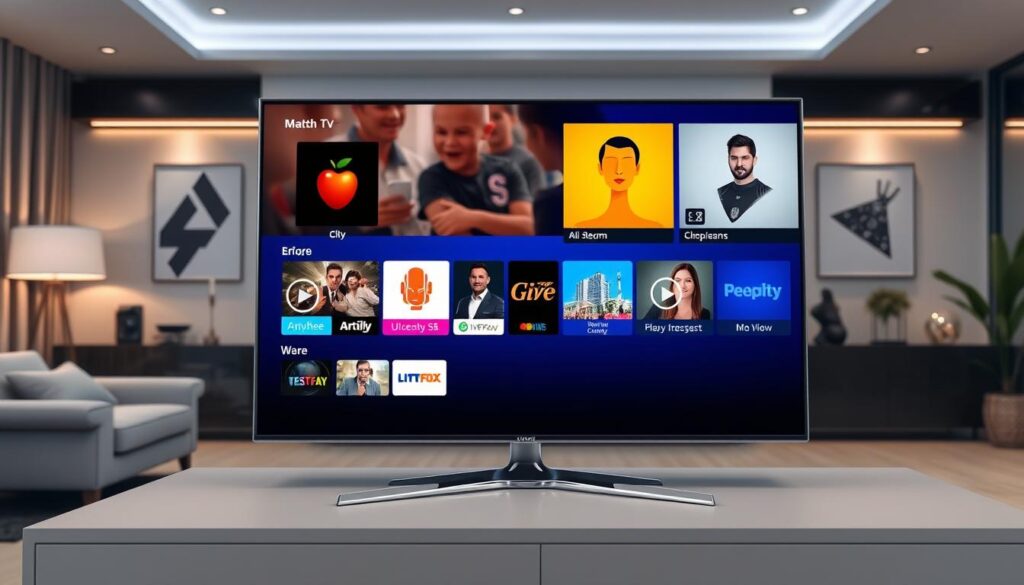 Generate an image of a sleek, modern TV displaying a variety of channels. Generate an image of a sleek, modern TV displaying a variety of channels.