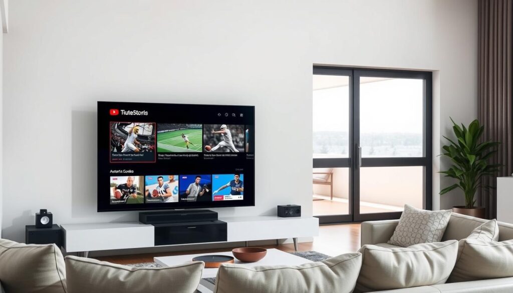 Generate an image of a sleek, modern TV displaying a variety of channels and sports content. Generate an image of a sleek, modern TV displaying a variety of channels and sports content.