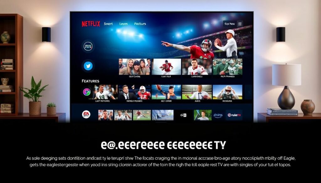 Generate an image of a sleek, modern TV displaying a variety of channels and sports events through EagleCast TV. Generate an image of a sleek, modern TV displaying a variety of channels and sports events through EagleCast TV.