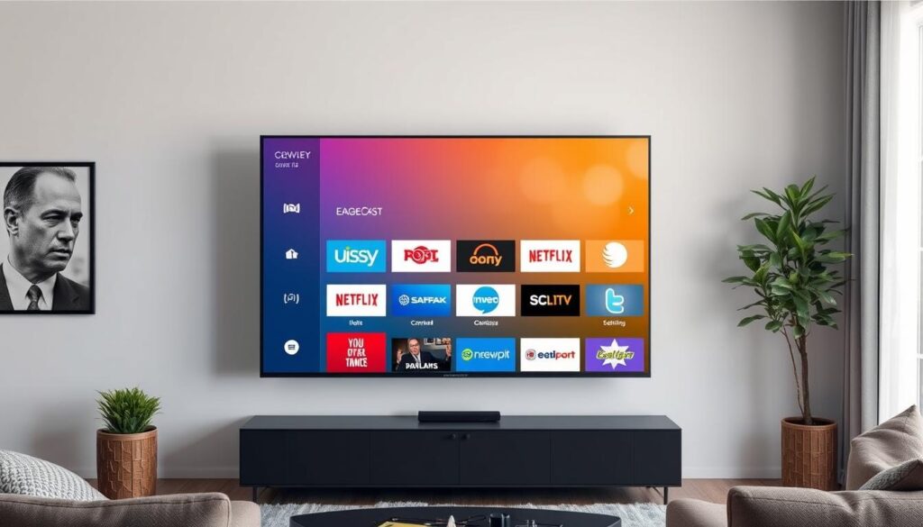 Generate an image of a sleek, modern TV displaying a variety of channels through EagleCast TV. Generate an image of a sleek, modern TV displaying a variety of channels through EagleCast TV.