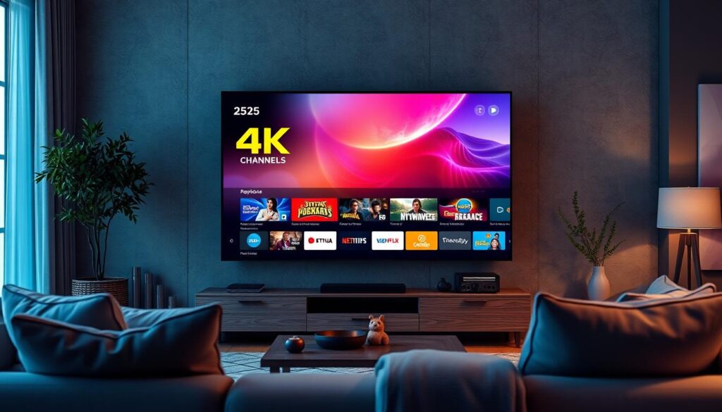 Generate an image of a sleek, modern TV displaying a vibrant 4K channel lineup, with a user-friendly interface on the screen. Generate an image of a sleek, modern TV displaying a vibrant 4K channel lineup, with a user-friendly interface on the screen.