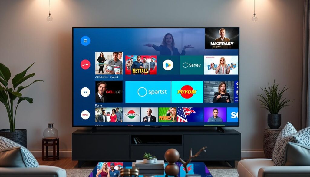 Generate an image of a sleek, modern TV screen displaying a variety of channels and content, symbolizing the diverse offerings of EagleCast TV. Generate an image of a sleek, modern TV screen displaying a variety of channels and content, symbolizing the diverse offerings of EagleCast TV.