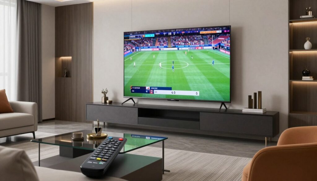Generate an image of a sleek, modern living room with a large screen TV displaying a sports event, with a remote control in the foreground. Generate an image of a sleek, modern living room with a large screen TV displaying a sports event, with a remote control in the foreground.
