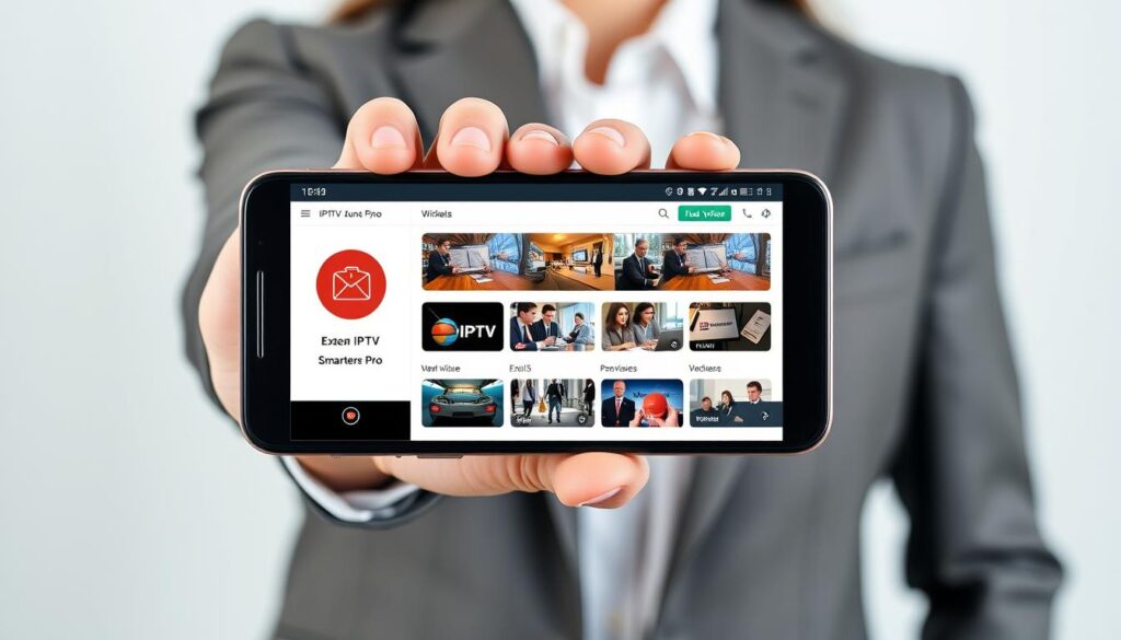 Generate an image of a smartphone running IPTV Smarters Pro app Generate an image of a smartphone running IPTV Smarters Pro app