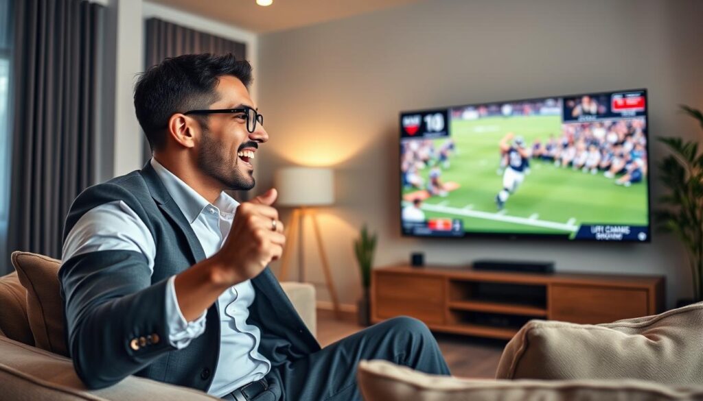Generate an image of a sports enthusiast watching a live game on Fubo TV. Generate an image of a sports enthusiast watching a live game on Fubo TV.