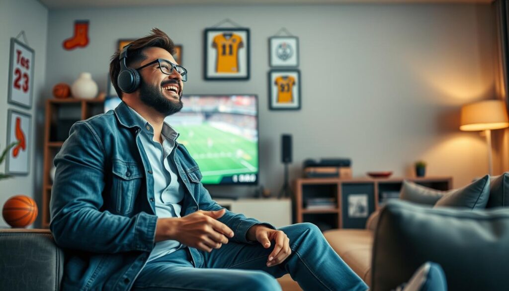 Generate an image of a sports enthusiast watching a live game on IPTV Gear Generate an image of a sports enthusiast watching a live game on IPTV Gear