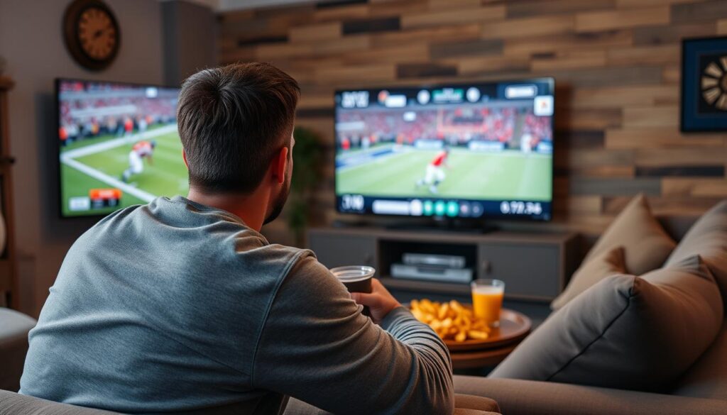 Generate an image of a sports enthusiast watching a live game on Pioneer TV IPTV service. Generate an image of a sports enthusiast watching a live game on Pioneer TV IPTV service.