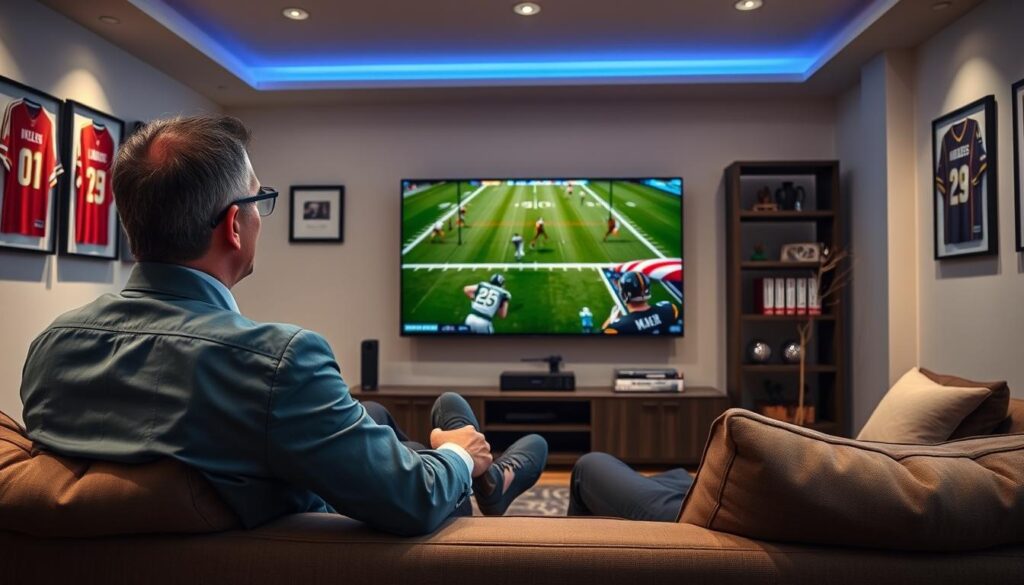 Generate an image of a sports enthusiast watching a live game on Pioneer TV with a 4K resolution screen. Generate an image of a sports enthusiast watching a live game on Pioneer TV with a 4K resolution screen.