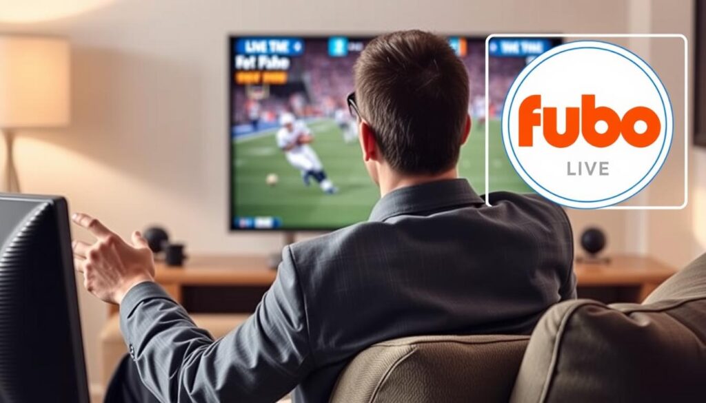 Generate an image of a sports enthusiast watching a live game on their TV with a Fubo TV logo in the corner. Generate an image of a sports enthusiast watching a live game on their TV with a Fubo TV logo in the corner.
