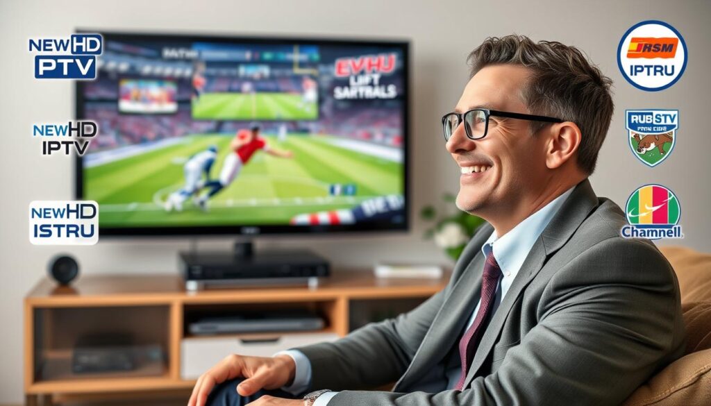 Generate an image of a sports enthusiast watching a live game on their TV with a satisfied expression, surrounded by NewHD IPTV logos and sports channel icons. Generate an image of a sports enthusiast watching a live game on their TV with a satisfied expression, surrounded by NewHD IPTV logos and sports channel icons.