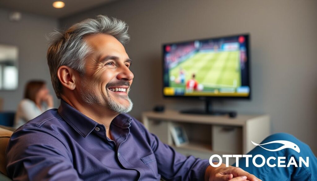 Generate an image of a sports enthusiast watching a live game on their TV with a satisfied expression, with the OTTOcean logo in the corner. Generate an image of a sports enthusiast watching a live game on their TV with a satisfied expression, with the OTTOcean logo in the corner.