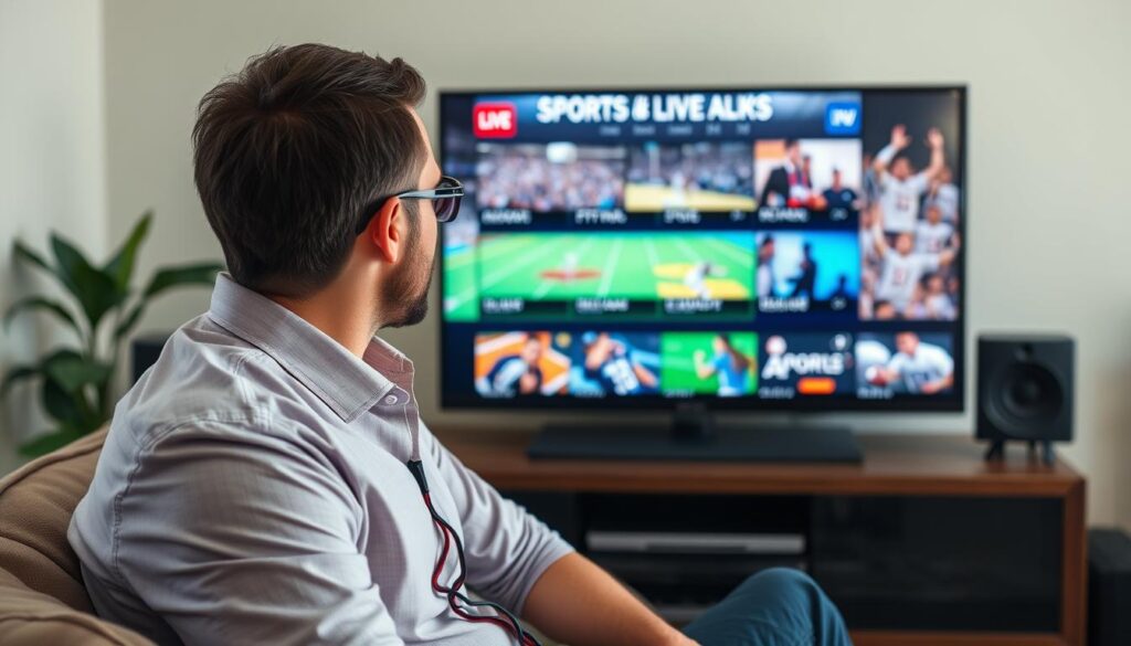 Generate an image of a sports enthusiast watching a live game on their TV with multiple sports channels displayed. Generate an image of a sports enthusiast watching a live game on their TV with multiple sports channels displayed.