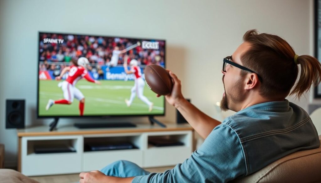 Generate an image of a sports enthusiast watching a live match on EagleCast TV on their smart TV. Generate an image of a sports enthusiast watching a live match on EagleCast TV on their smart TV.