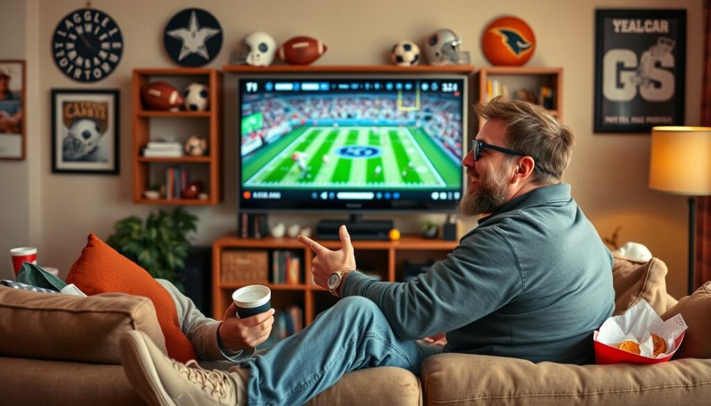 Generate an image of a sports enthusiast watching live sports on EagleCast TV. Generate an image of a sports enthusiast watching live sports on EagleCast TV.